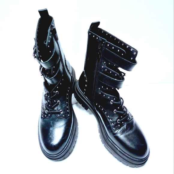 Y2K Chelsea & Violet Rhea Studded Leather Buckle  Sz 7M Women's Combat Boots - Picture 10 of 14